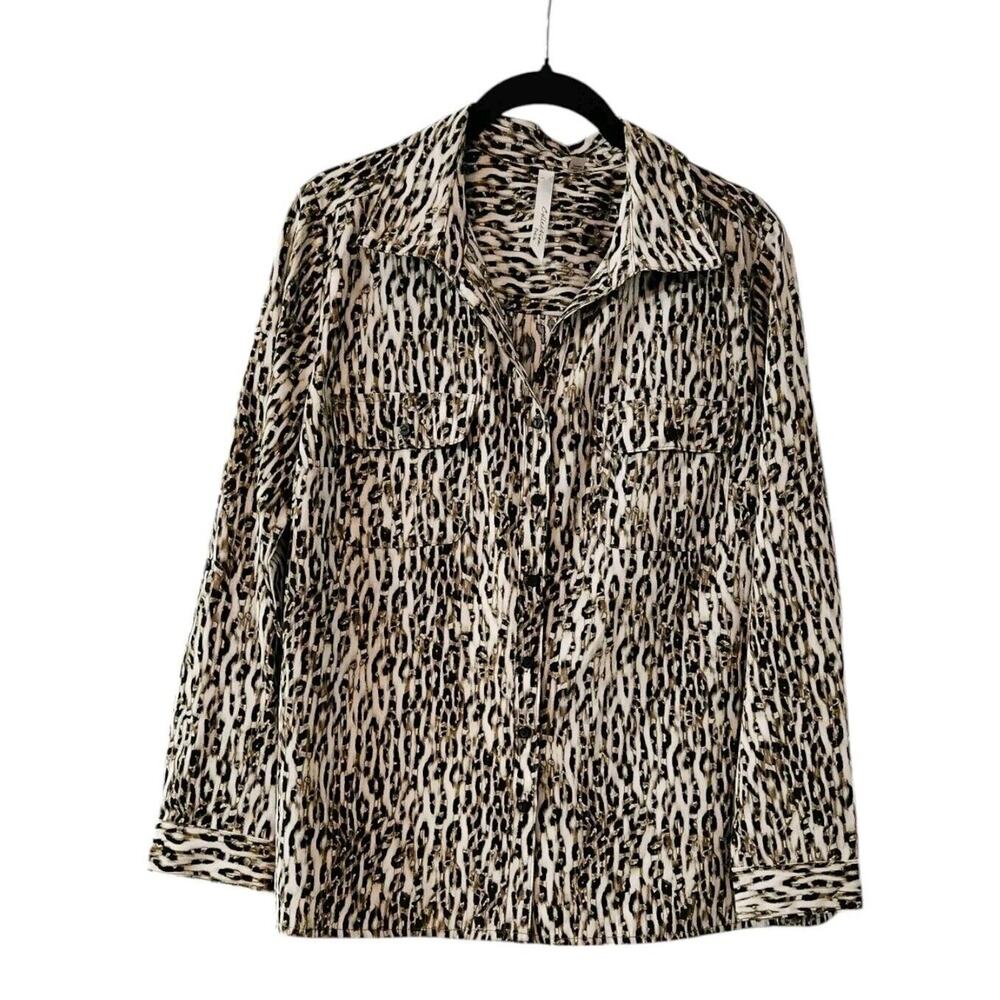NY Collection Womens P/L Top Shirt Blouse Black Brown Leopard Roll Tab Button